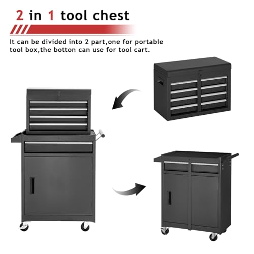 5-Drawer Rolling Tool Chest Storage Cabinet with Detachable Top Tool Box, Black R11137