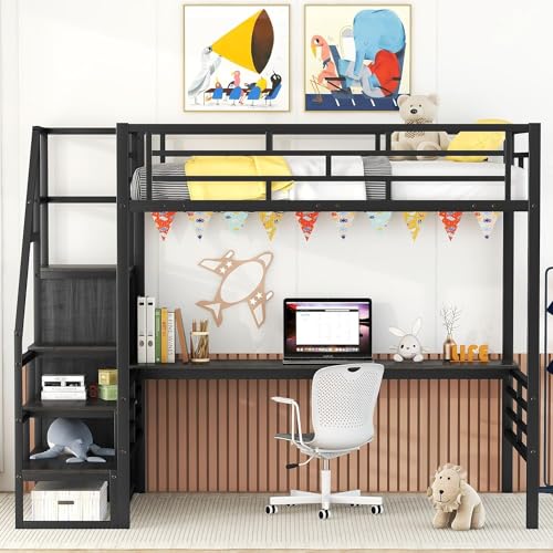 Metal Full Loft Bed with Desk and Wardrobe, Storage Stairs D90681