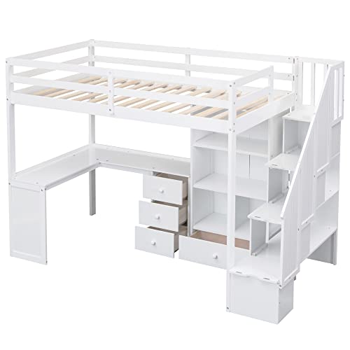 Harper & Bright Designs Twin Size Loft Bed with L-Shaped Desk and Stairs, Solid Wood, White D768