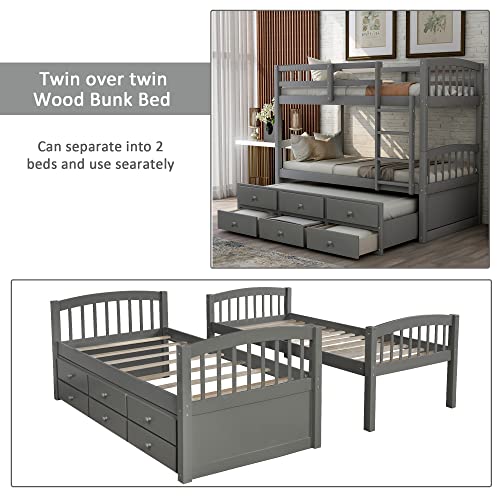 Harper & Bright Designs Twin Over Twin Bunk Bed with Storage Drawers, Solid Wood, Espresso P440327