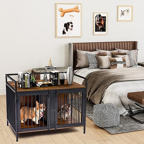 2 Rooms Dog Crate Furniture with Divider, Heavy Duty Indoor Dog Kennel, TV Stand A5274