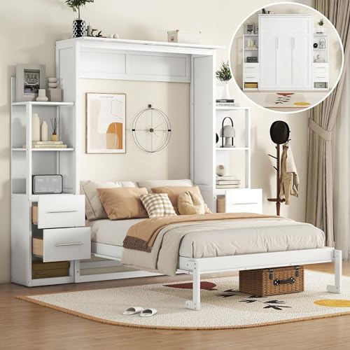 PURLOVE Queen Size Solid Wood Murphy Bed with Shelves and LED Lights H5456