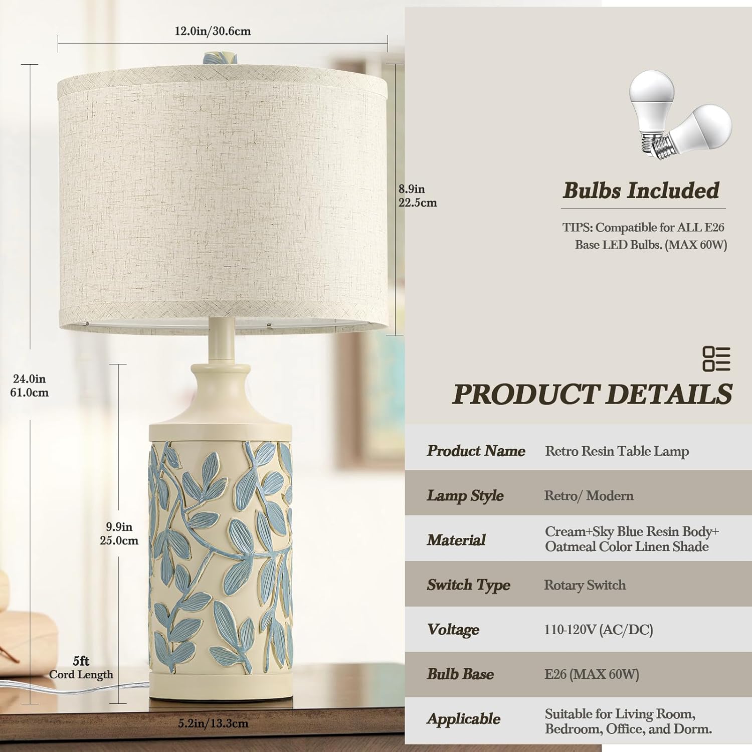 24" Farmhouse Cream Table Lamps Set of 2, 3 Color Temperatures, Bulbs Included J699