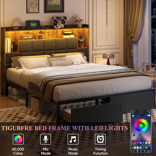 LED Bed Frame Full Size with Bookshelf Headboard and Charging Station R978868