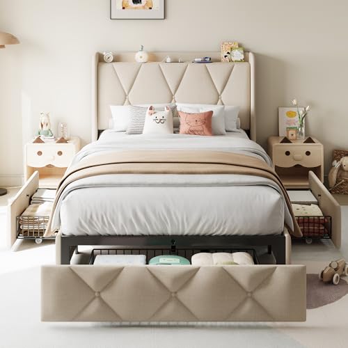 Queen Bed Frame with 4 Storage Drawers and Charging Station, Black S804993