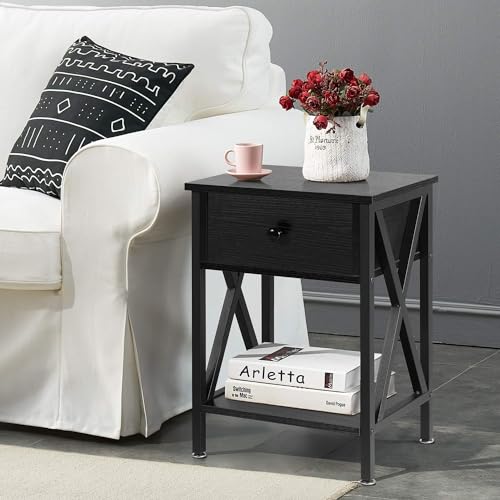 VECELO End Side Table with Cabinet, Bedside Nightstand, Dark Black I43242