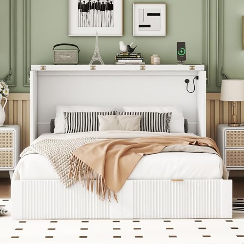 Harper & Bright Designs Queen Murphy Bed Cabinet with USB Charging Station, White D9669
