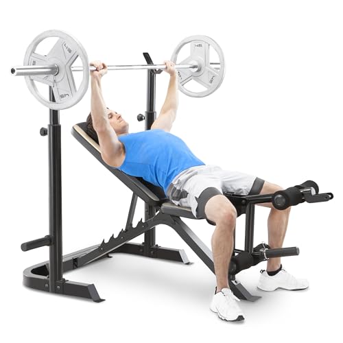 Marcy Olympic Workout Bench with Preacher Curl Pad and Weight Rack, White/Black R86365