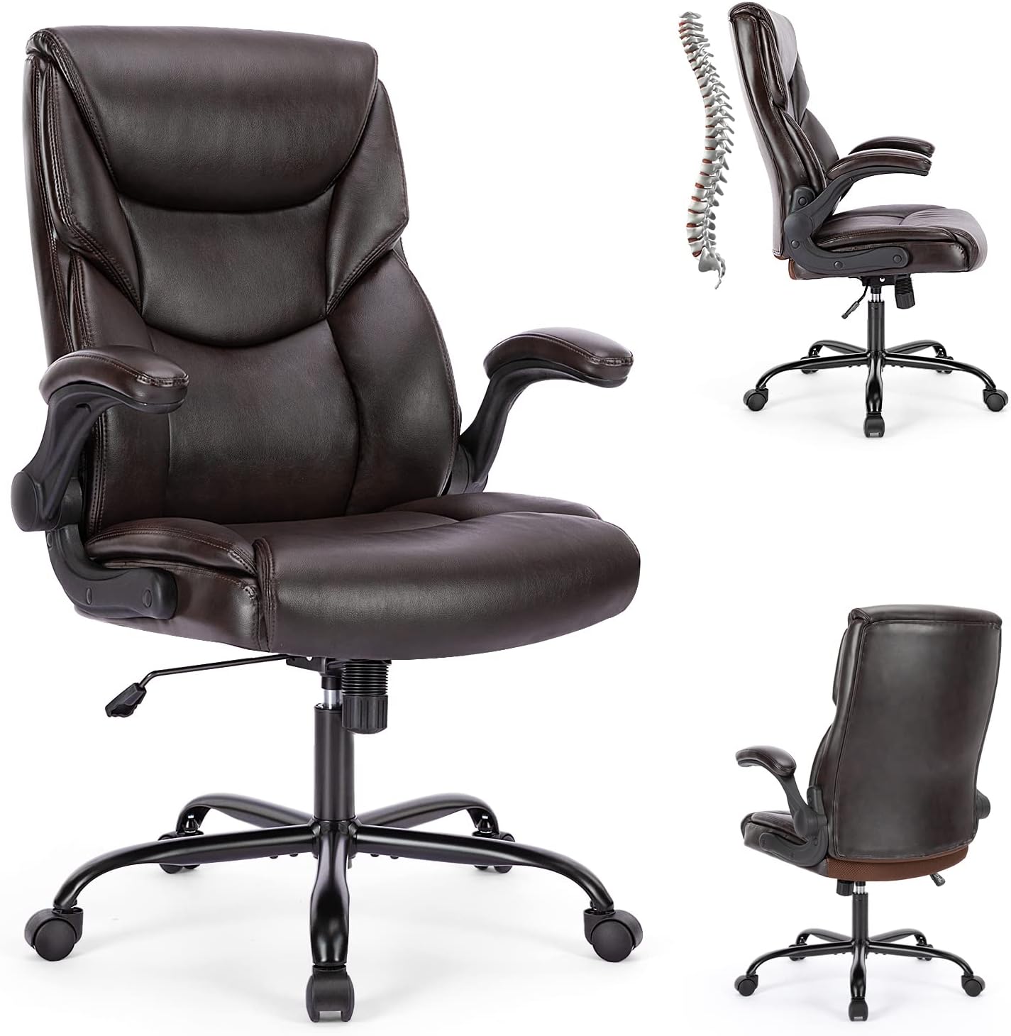 Executive PU Leather High Back Flip-Up Armrest Adjustable Ergonomic Home Office Desk Chair, Brown