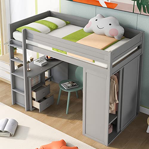 Full Size Loft Bed with Storage Wardrobe and Desk for Kids Teens Adults White K66587