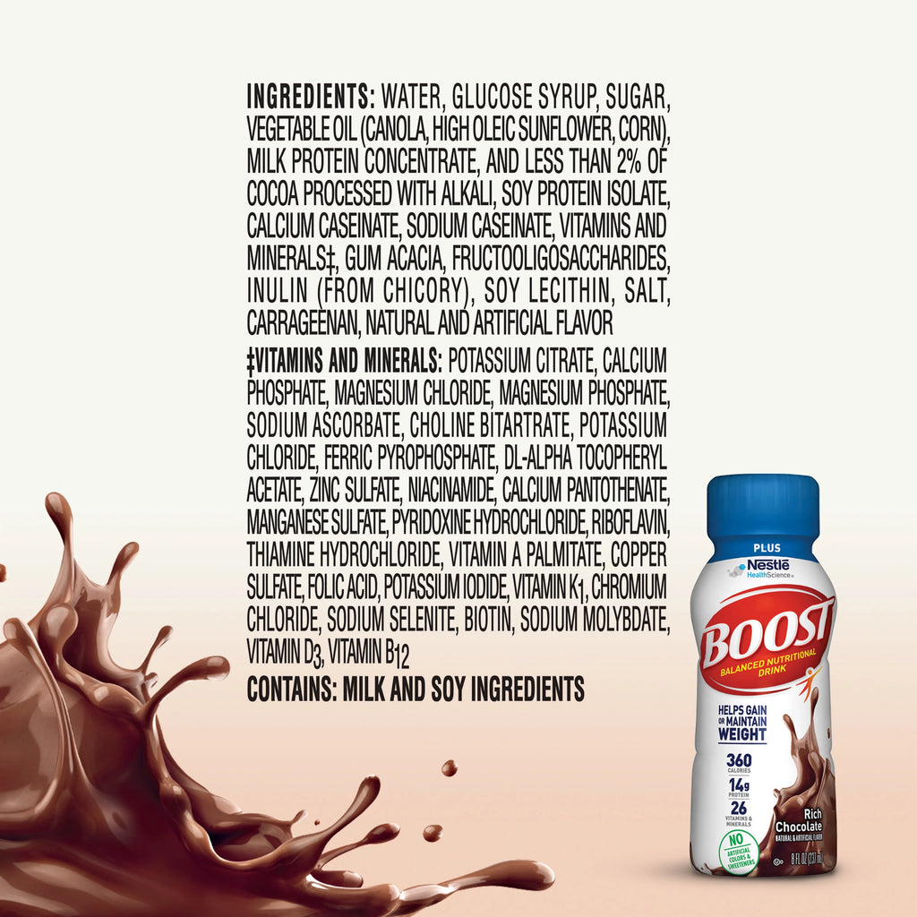 BOOST PLUS Nutritional Drink, Rich Chocolate, 14g Protein, 12-8 fl oz N32288