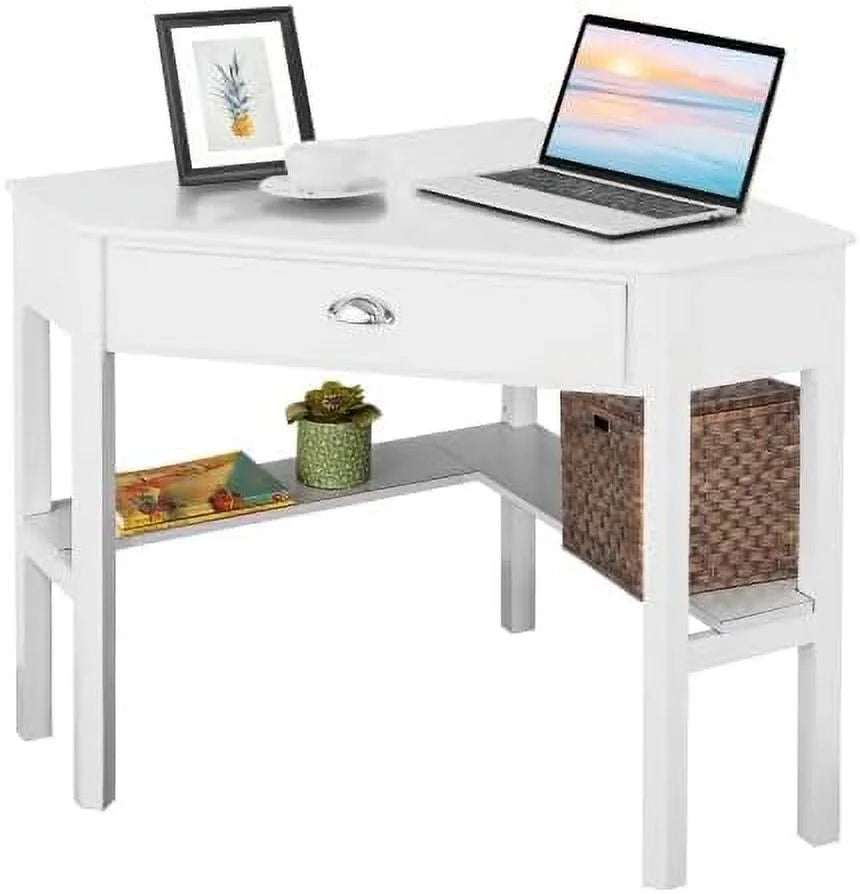 KHBIULIFE Corner Desk for Small Space  Compact Writing Table with Drawer and Shelves  Space Saving Study Modern Workstation  Laptop Corner Computer Desk for Home  Office (White&amp;Natura