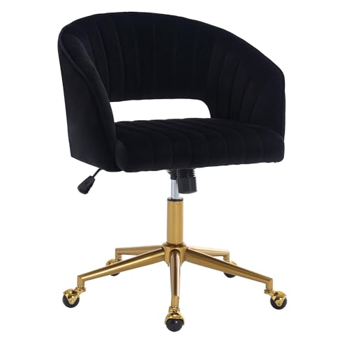 Home Office Swivel Desk Chair, Modern Corduroy Desk Chair, Height Adjustable Armchair with Gold Base, Ergonomic Office Chair for Living Room Vanity Study Computer Room, Black