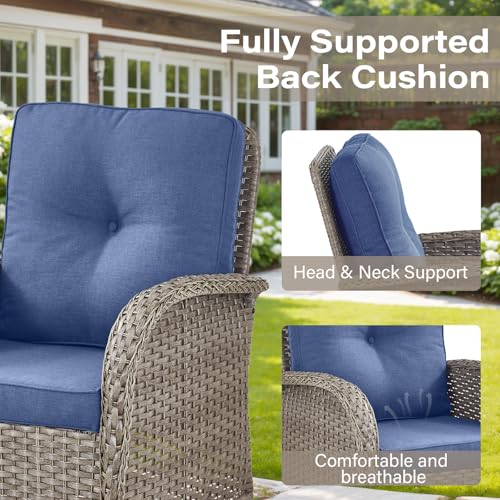 Outdoor Wicker Swivel Rocker Chairs Set of 2 with Rattan Side Table, Brown/Blue B592