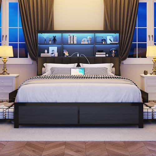 Lifezone Queen Bed Frame with Bookcase Headboard, Storage Drawers & Charging Station, Rustic Grey V4785
