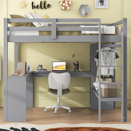 SOFTSEA Full Size Loft Bed with Desk & Wardrobe, White F150304