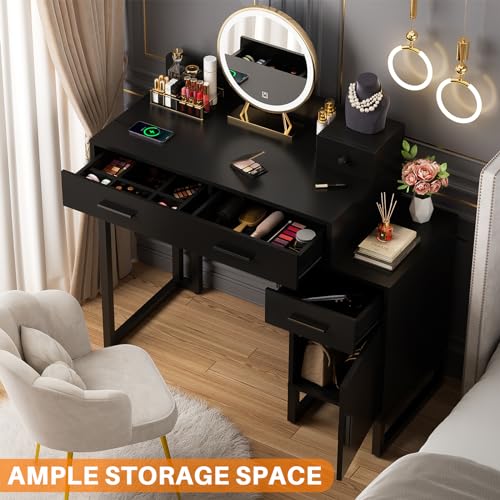 Black Vanity Desk with 4 Drawers and Charging Station O896