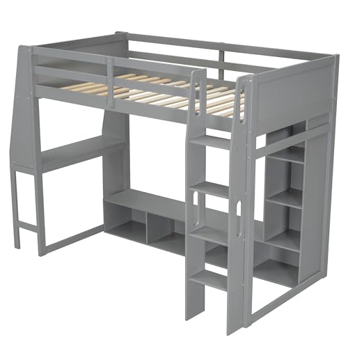 SOFTSEA Full Size Loft Bed with Desk, Storage and LED Lights, Solid Wood, Grey Q282