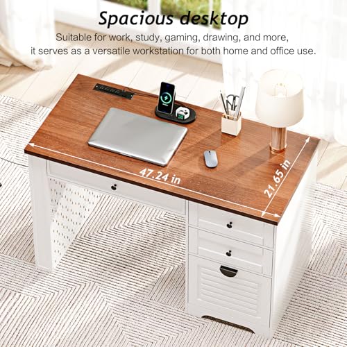 Antique Cream 59" Executive Farmhouse Computer Desk with 7 Drawers and Charging Station R75936