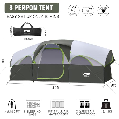 CAMPROS CP Tent 8 Person Weather Resistant Family Camping Tent with Carry Bag Z5924