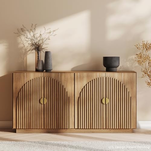 BELLEZE 65 Inch Fluted Buffet Cabinet with Storage, Caramel Brown U96619