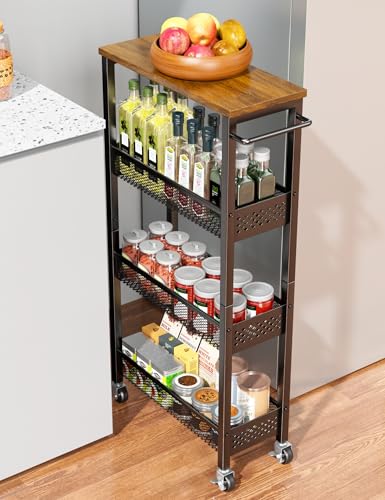 Utility Slim Storage Cart 4-Tier Rolling Cart with Wood Top A517006