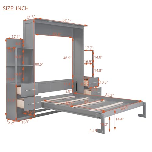 Queen Size Murphy Bed Wall Bed with Shelves, Gray R99857