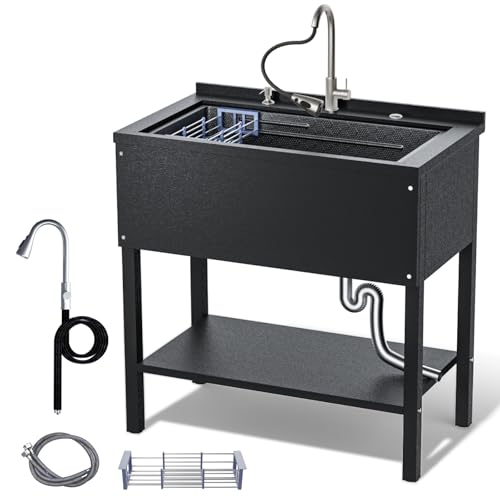 Stainless Steel Utility Sink 36" Freestanding with Pull Out Faucet, Black Y959806
