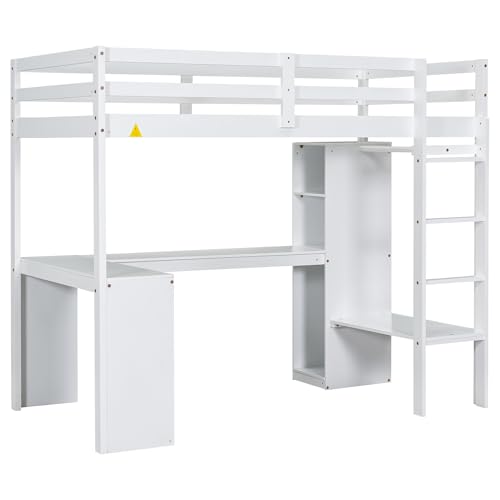 SOFTSEA Full Size Loft Bed with Desk & Wardrobe, White F150304