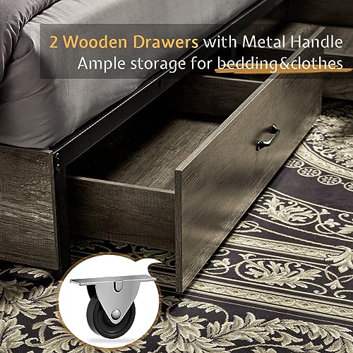 VanAcc Full Size Wooden Platform Bed with Bookcase Headboard and 2 Drawers O6158