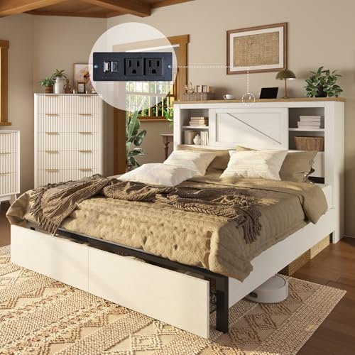 AMERLIFE King Bed Frame with Bookcase Headboard and Charging Station V4787