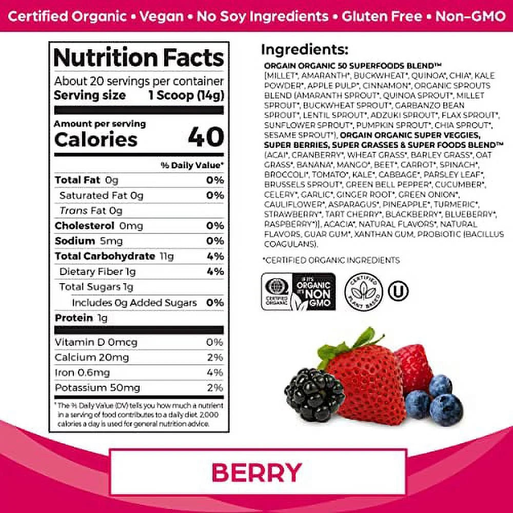 Orgain Organic Green Superfoods Powder, Berry, Vegan, 0.62 lb P693