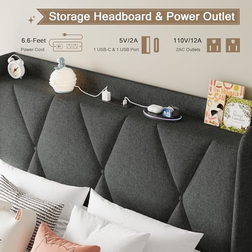 Queen Bed Frame with 4 Storage Drawers and Charging Station, Black S804993