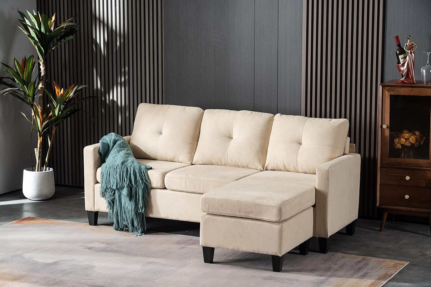 75" Modern Fabric Sectional Sofa with Chaise and Ottoman, Beige C8036