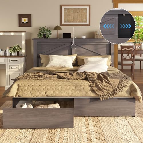 AMERLIFE King Bed Frame with Bookcase Headboard and Charging Station V4787