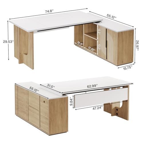 Tribesigns 74.8" L Shaped Executive Desk with Shelves, Black and Brown R6407