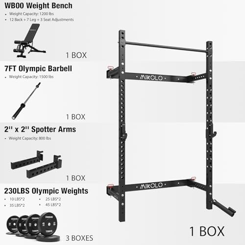 Mikolo 2" x 2" Folding Wall Mounted Squat Rack with Pull Up Bar, 1000 lbs Capacity W88407
