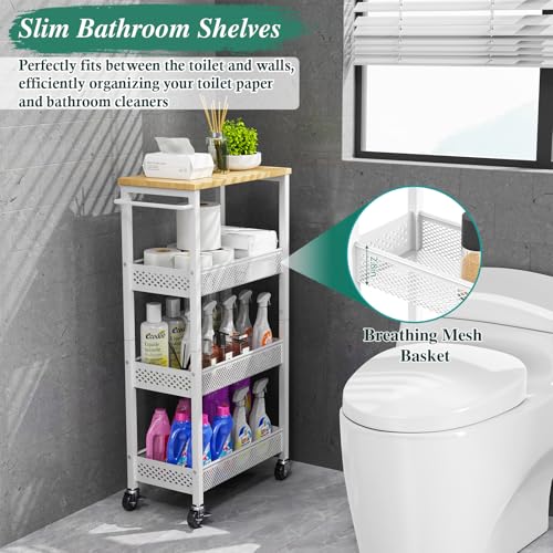 Utility Slim Storage Cart 4-Tier Rolling Cart with Wood Top A517006