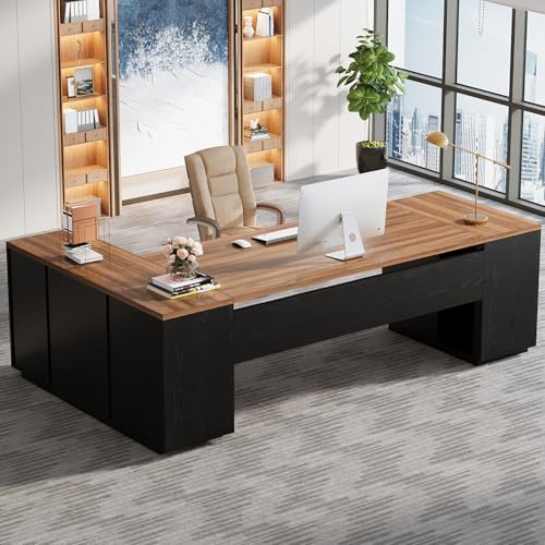 Tribesigns 85.8-Inch L-Shaped Executive Desk with File Drawers & Shelves, White & Brown I578