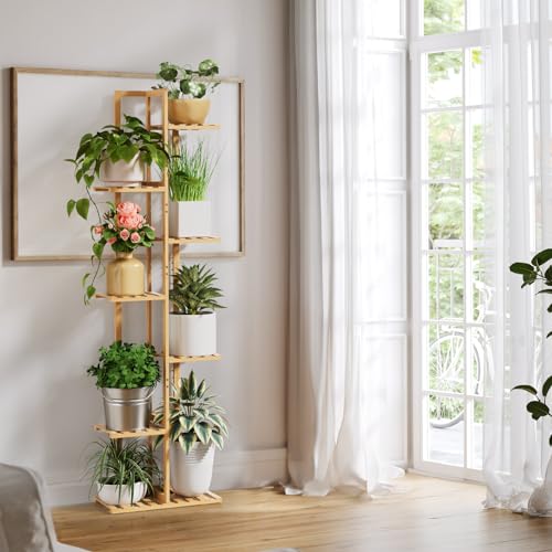 ROSSNY 48 Inch Tall 6-Tier Bamboo Plant Stand for Indoor Plants, Corner Plant Shelf, Natural W935552