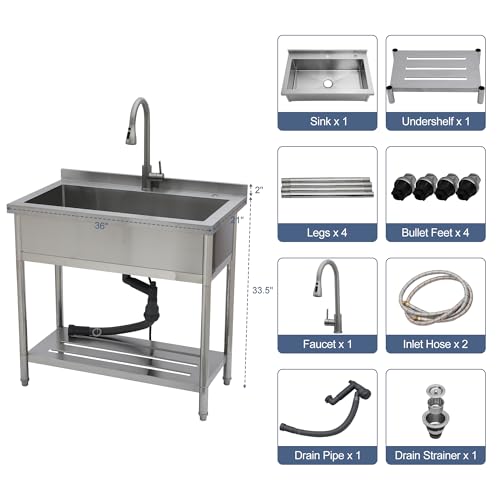 Lordear Stainless Steel Utility Sink 24 Inch Single Bowl Freestanding O589484