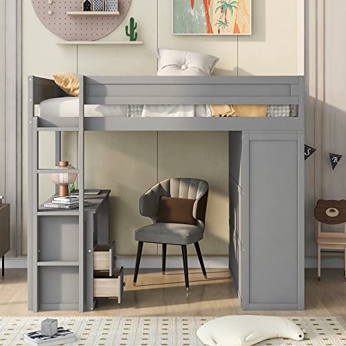 Full Size Loft Bed with Storage Wardrobe and Desk for Kids Teens Adults White K66587