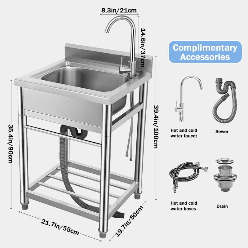Stainless Steel Utility Sink with Faucet, Single Bowl, Free Standing D375