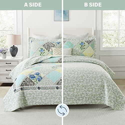 Finlonte Quilts Queen Size Set, Floral Patchwork Blue Grey Farmhouse Cotton Reversible Bedding U736679
