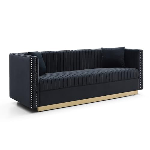 Vertical Channel Tufted Velvet Sofa 3 Seater with 2 Pillows, Beige P7253