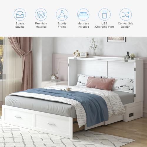 PUREMIND Queen Murphy Bed Cabinet with 2 Storage Drawers and USB Charging Station R5817