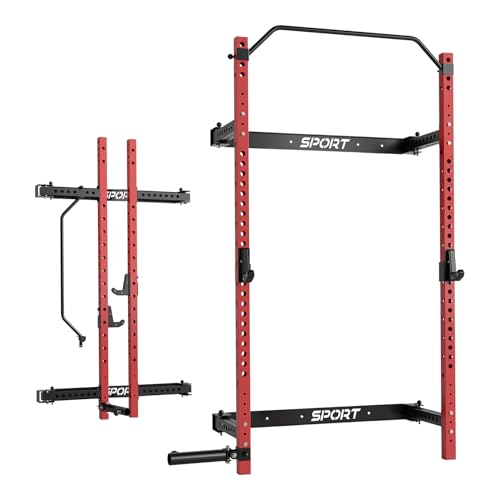 Folding Squat Rack for Home Gym, 2.36" x 2.36" Folding Power Rack with Pull Up Bar, J Hooks and Landmine Attachments, 1000 LBS Capacity Wall Mounted Squat Rack, Space Saving Weight Cage