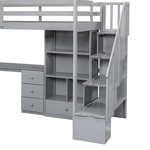 Harper & Bright Designs Twin Size Loft Bed with L-Shaped Desk and Stairs, Solid Wood, White D768