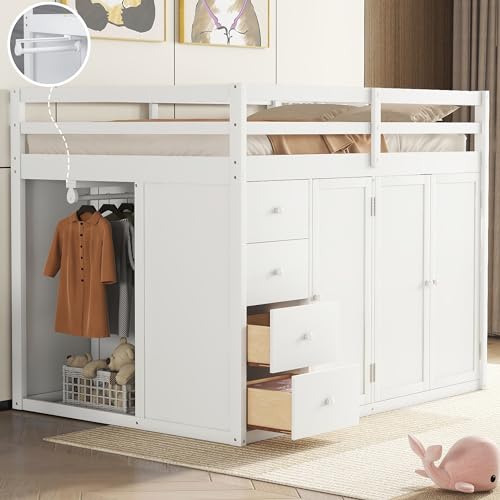 Harper & Bright Designs Twin Size Loft Bed with L-Shaped Desk and Stairs, Solid Wood, White D768