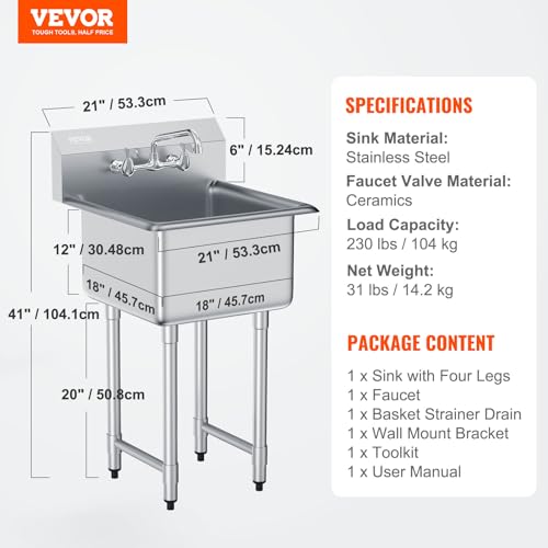 VEVOR Stainless Steel Prep & Utility Sink with Faucet and Legs, 21"x18" Single Bowl L5070